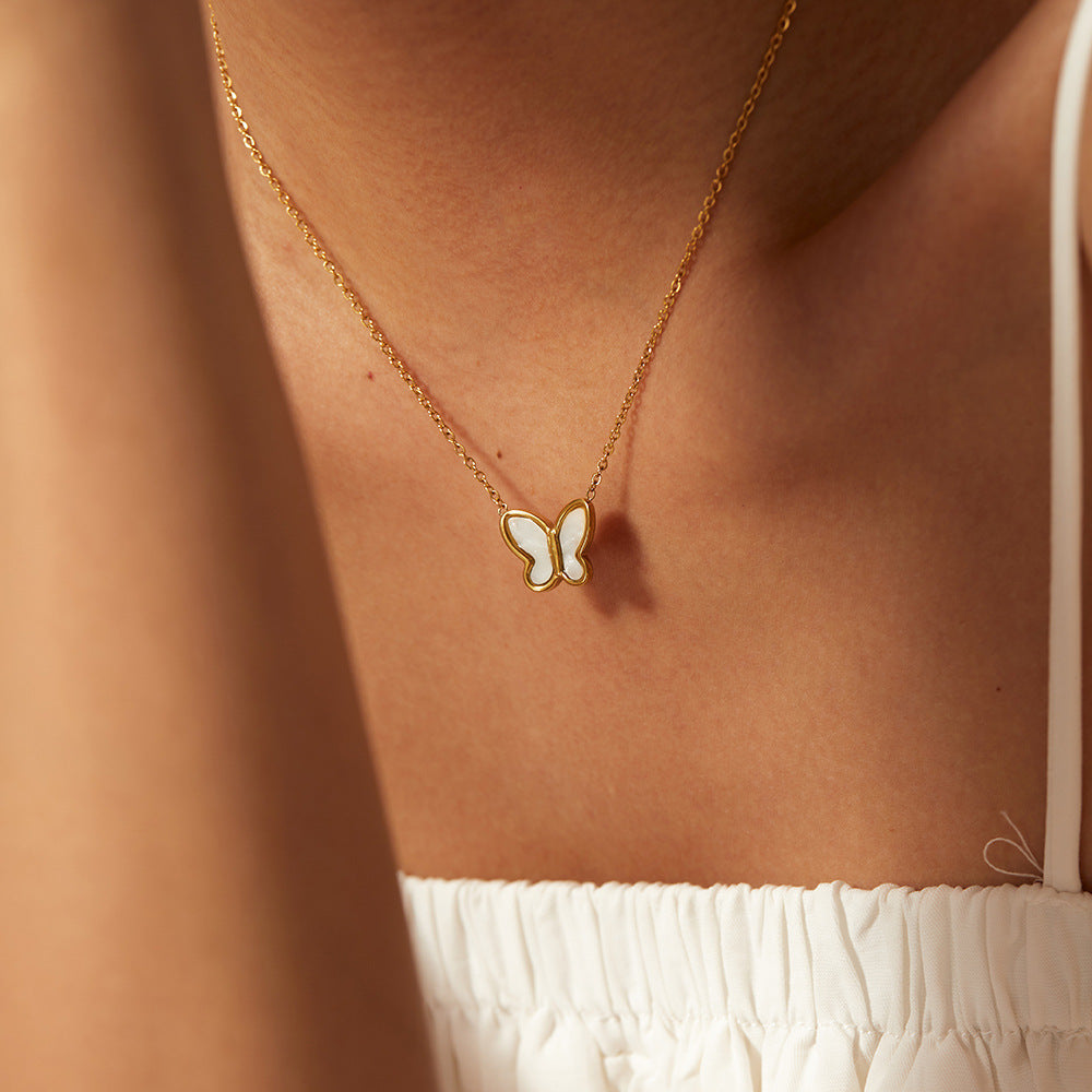 Butterfly Pendant Necklace in Stainless Steel with 14K Gold Plating for Women, Round Bead Chain, Animal-Inspired Minimalist Design