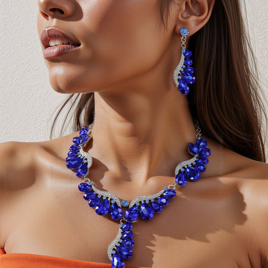 Collar y pendientes personalizados de aleación con forma de ala, con colgante de gota de diamantes de imitación en cadena O para mujer