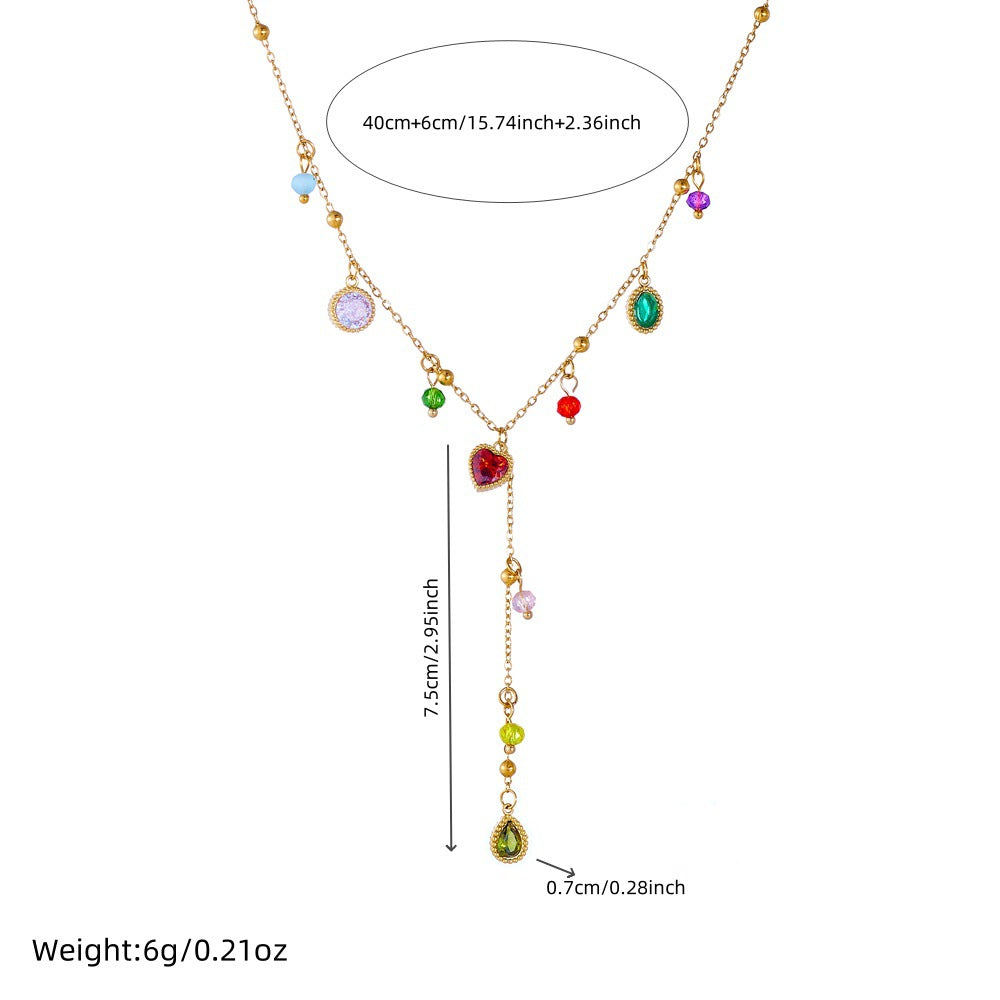 Minimalist Gold Plated Stainless Steel Heart Teardrop Geometric Rhinestone Y-Necklace for Women