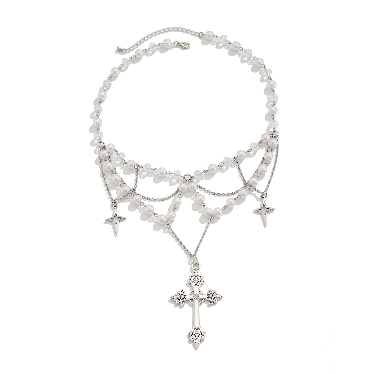 Collana con ciondolo a croce stile gotico con nappa per donna, base in lega con finitura galvanizzata, design geometrico