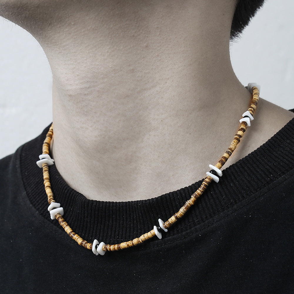 Hip-hop Bohemian Geometric Wood Shell Bead Stainless Steel Ball Chain Necklace for Unisex