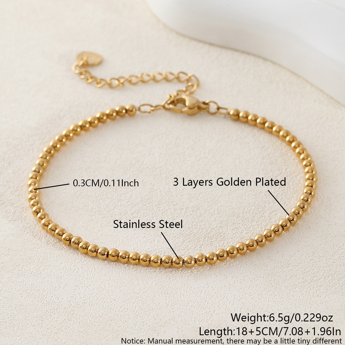 Gold Plated Stainless Steel Ball Chain Bracelet Unisex Elastic Beaded Hand String