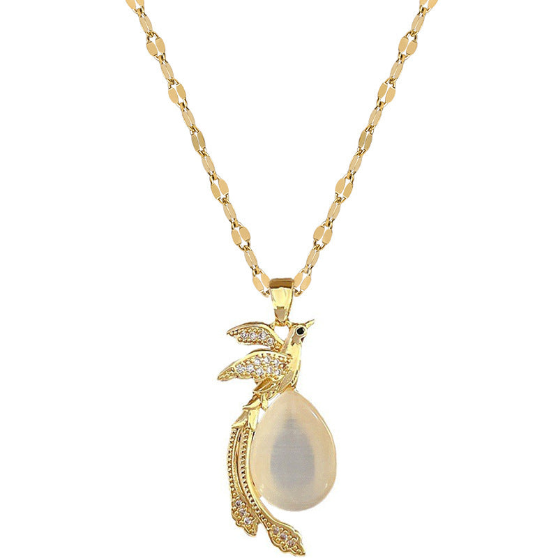 Collana con pendente Fenice a occhio di gatto geometrico minimalista da donna con catena in acciaio al titanio e intarsio di strass