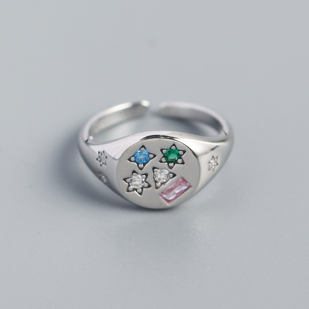 Minimalist Star-Shaped S925 Sterling Silver Ring with Micro-Paved Colored Zirconia for Women