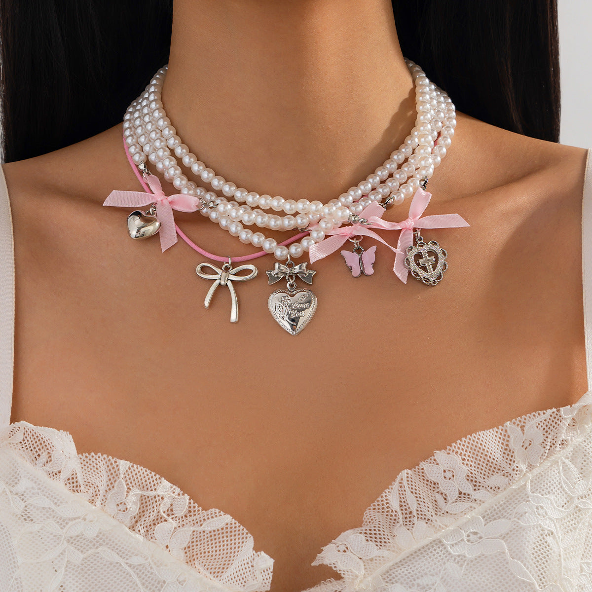 Sweet Minimalist Heart and Bow Knot Pendant Necklace for Women with Imitation Pearl Accents on Beaded Chain