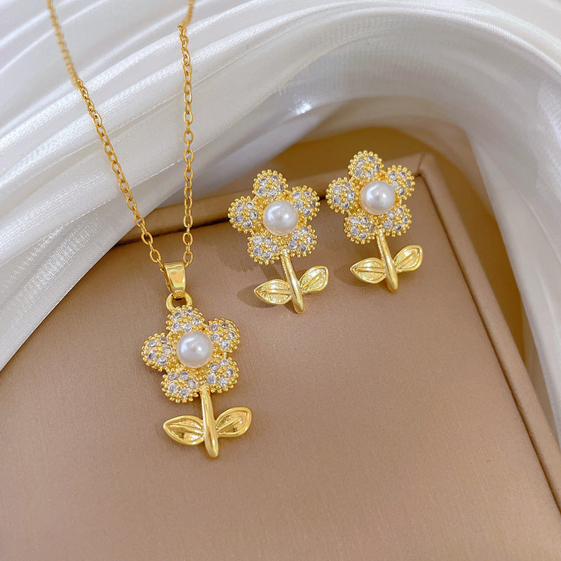 Luxury Fresh and Sweet Plated Brass Zircon Micro-Pave Earrings and Necklace Set