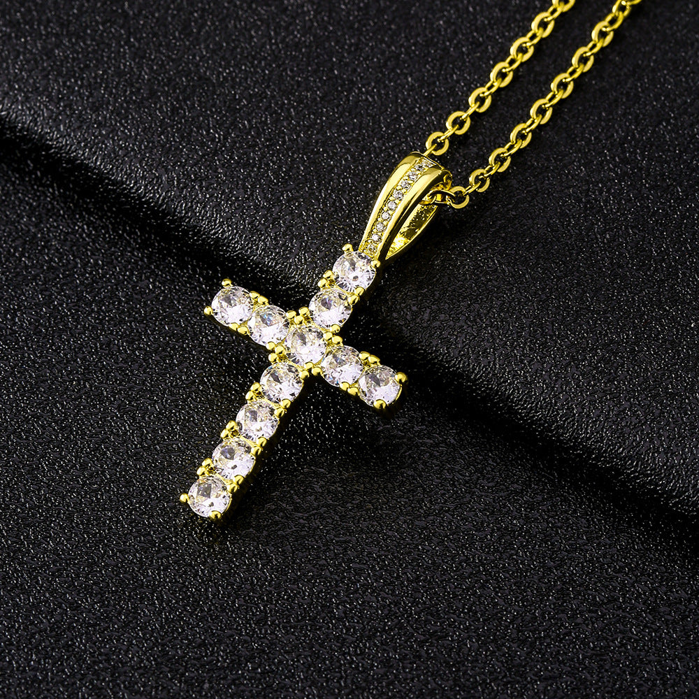 Collar con colgante de cruz minimalista en cobre con incrustaciones de circonita en cadena O para uso diario unisex