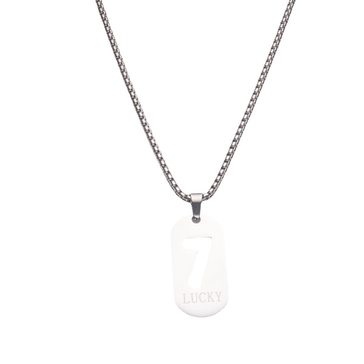 Collar con colgante minimalista del número de la suerte 7 en acero de titanio con acabado pulido para mujer y hombre