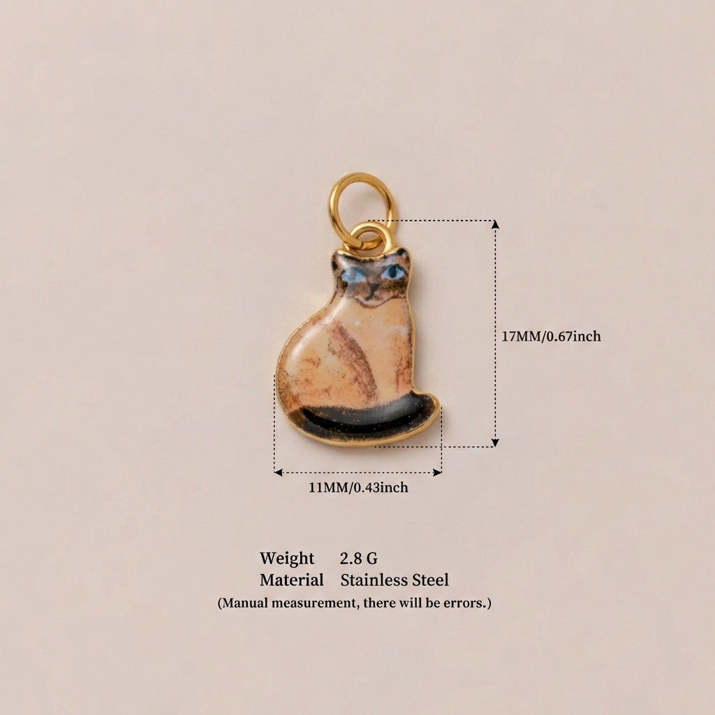 Cute Cat Ceramic Drip Oil Plated Stainless Steel Charm Bar Pendant