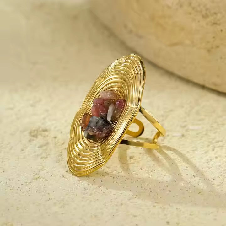 Anillo minimalista de acero inoxidable con forma ovalada e incrustaciones de piedra natural para mujer, joyería de lujo