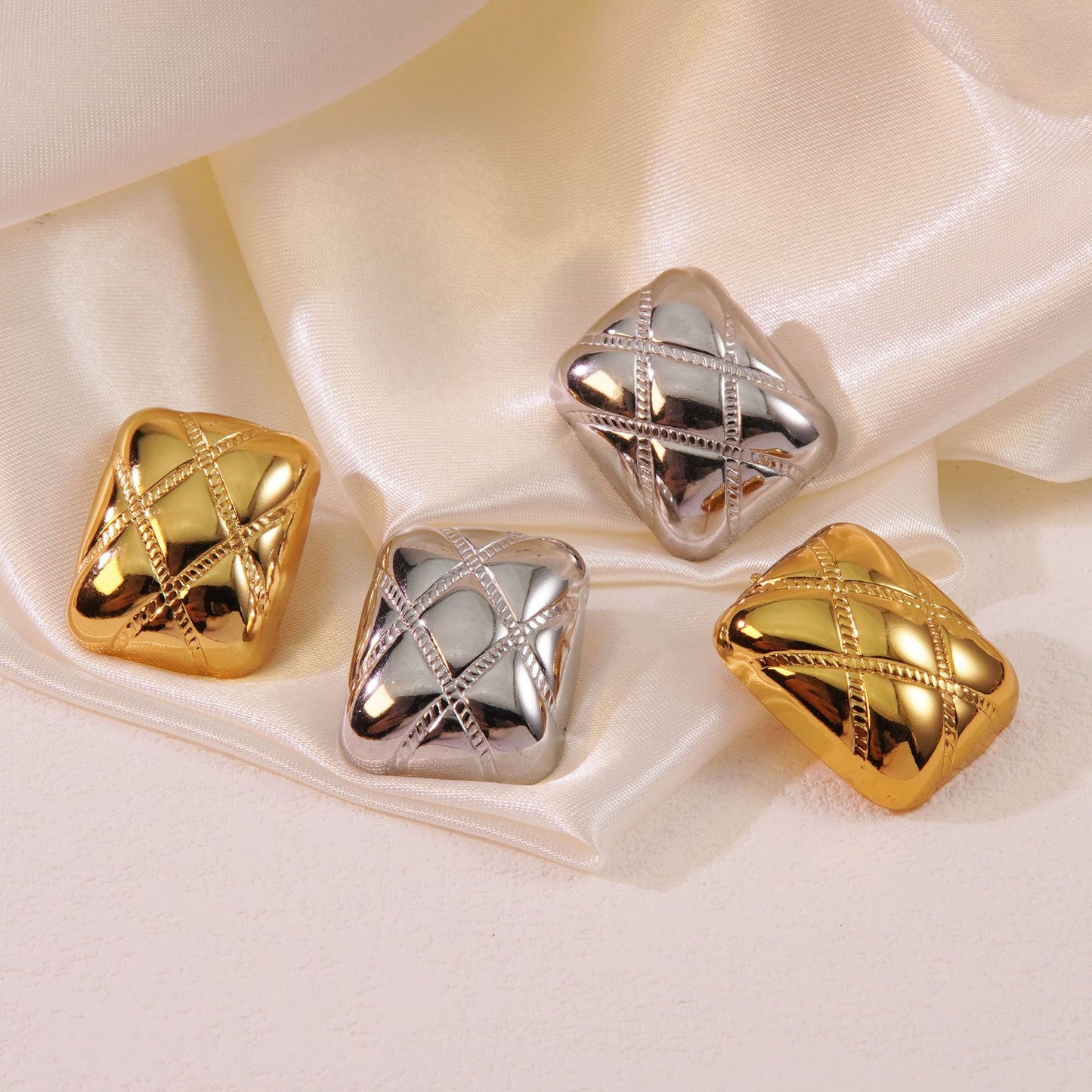 Casual Geometric Square Stainless Steel Stud Earrings with Striped Design for Women