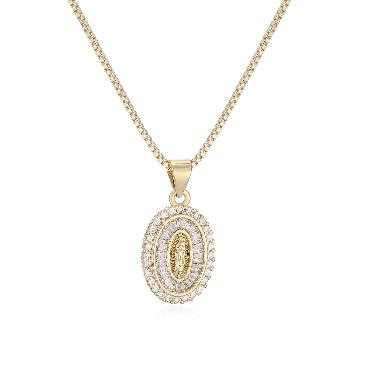 Minimalist Gold Plated Brass Geometric Virgin Mary Cubic Zirconia Pendant Necklace for Women