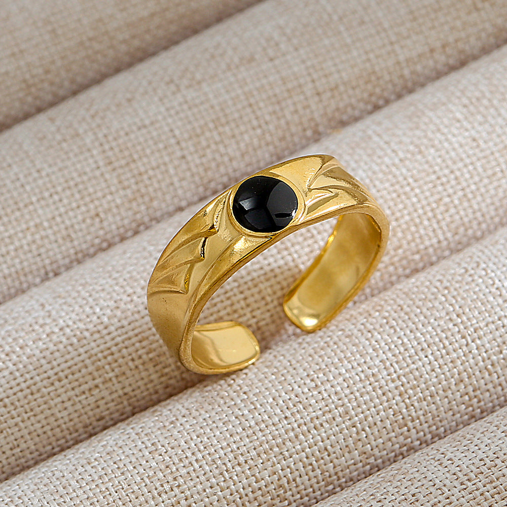Anillo de acero de titanio con forma de U, estilo punk, chapado en oro de 18 quilates y detalles de microincrustaciones de piedra de lava ovalada