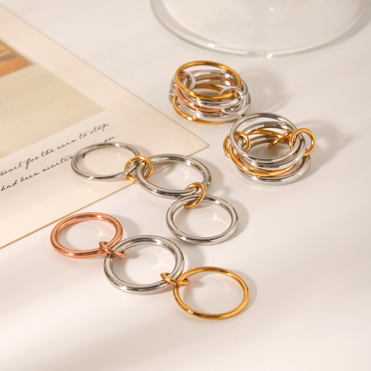 Set di Anelli Impilabili da Donna Geometrici Minimalisti in Acciaio Inox con Finitura Placcata