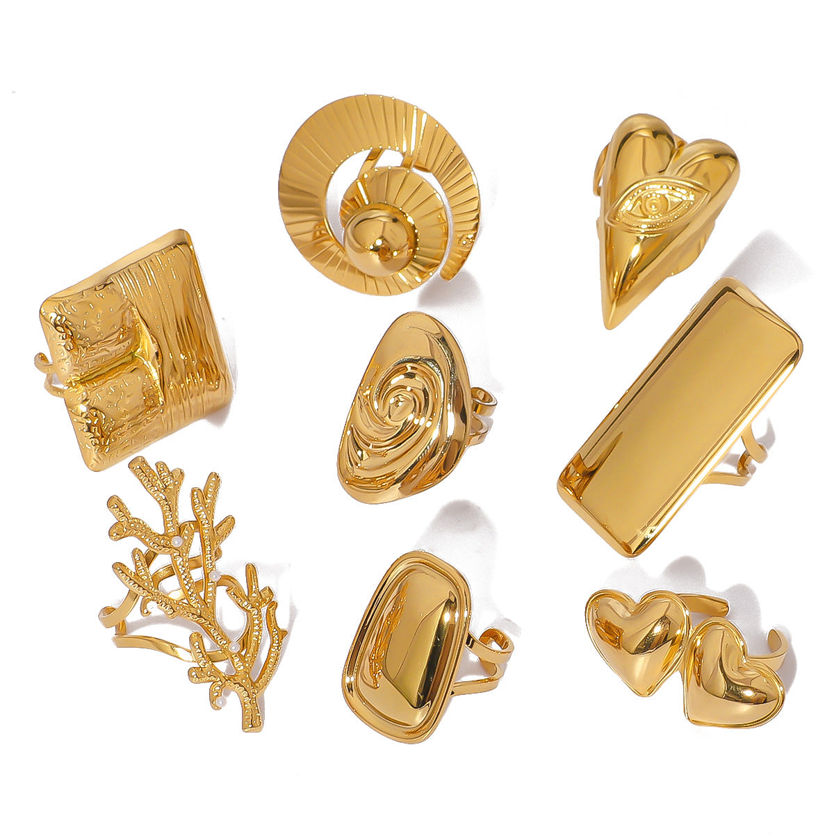 Anello Minimalista Geometrico in Acciaio Inossidabile con Placcatura in Oro 18K da Donna con Finitura Liscia Lucida e Forme a Cuore, Quadrato e Conchiglia