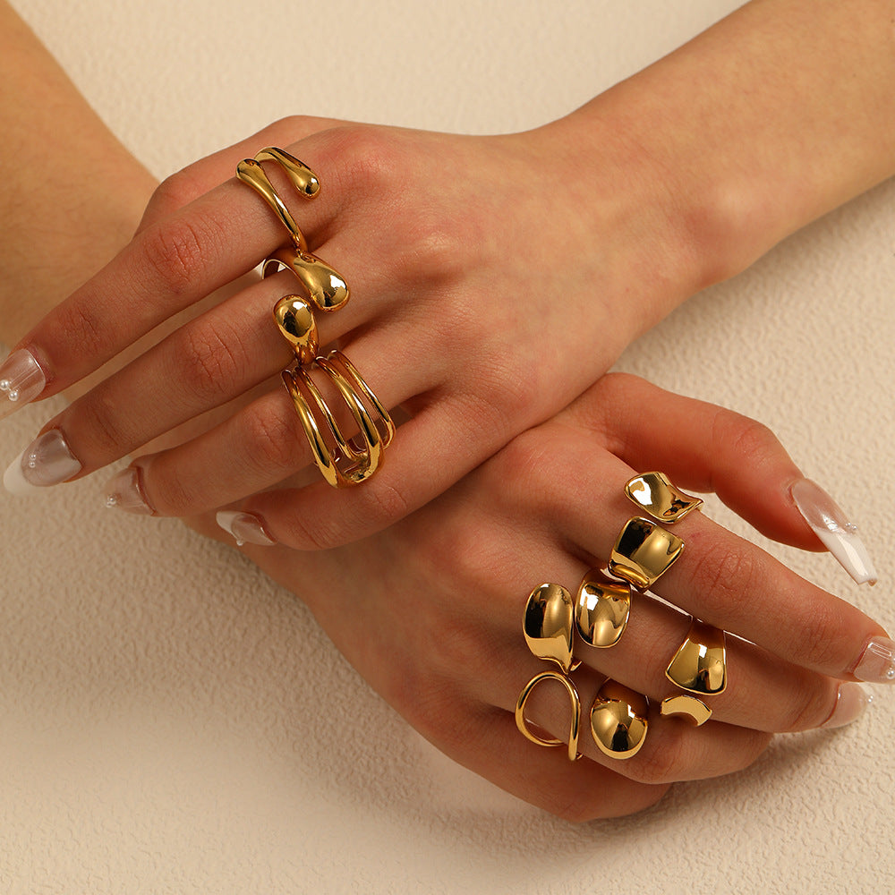 Geometric Teardrop-Shaped Stainless Steel Ring with Polished Finish and 18K Vacuum Plating for Women
