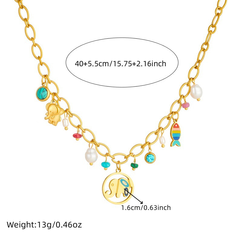 Sweet Cartoon Round Hollow Drip Oil Elephant Pendant Stainless Steel Necklace for Women