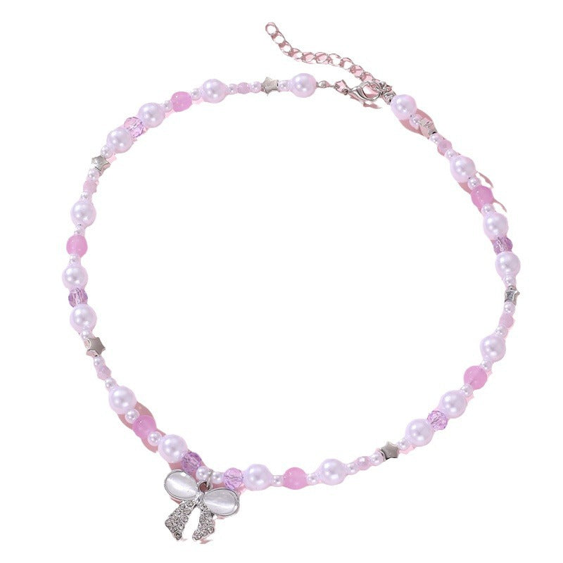 Set di collana per bambine a forma di fiocco minimalista in resina con braccialetto di perline per bambine dai 3 ai 10 anni