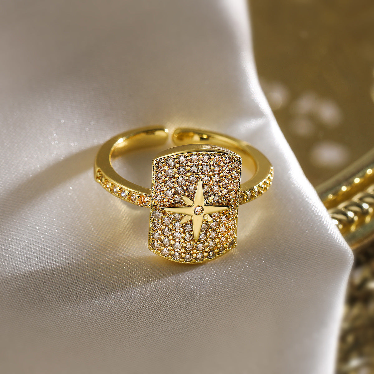 Minimalist Irregular Geometric Open Ring for Women in Brass with Gold Plating and Zircon