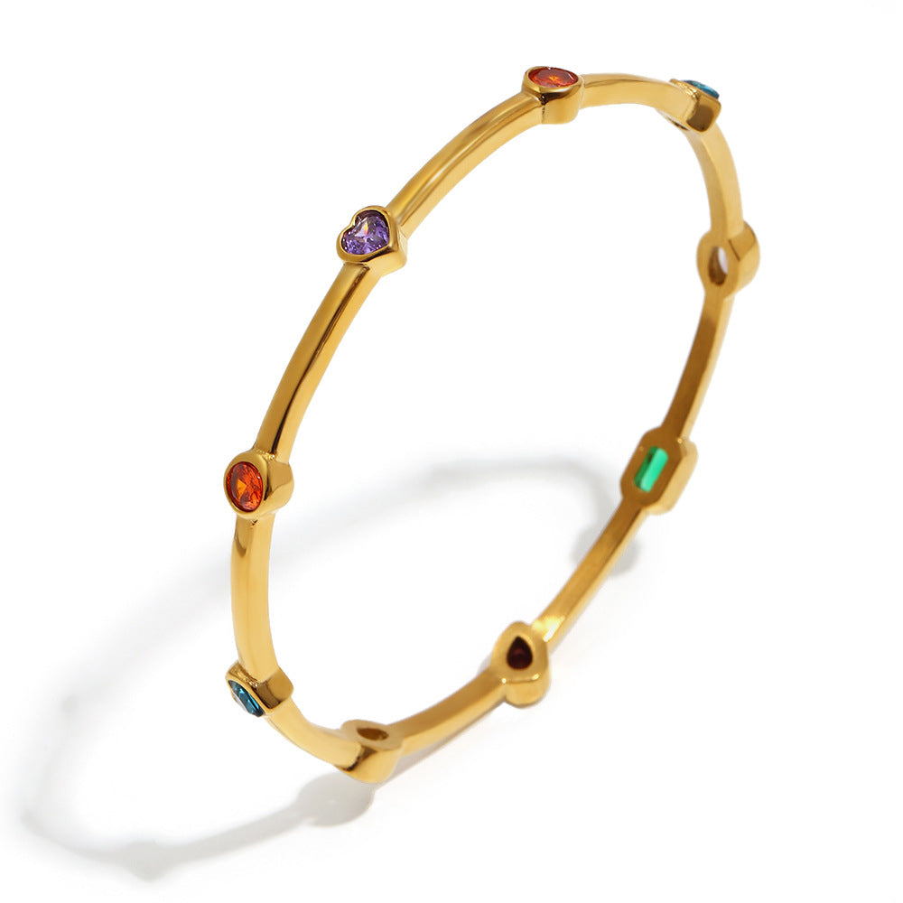 Elegant 18K Gold Plated Stainless Steel Heart Geometric Cubic Zirconia Line Bracelet for Women