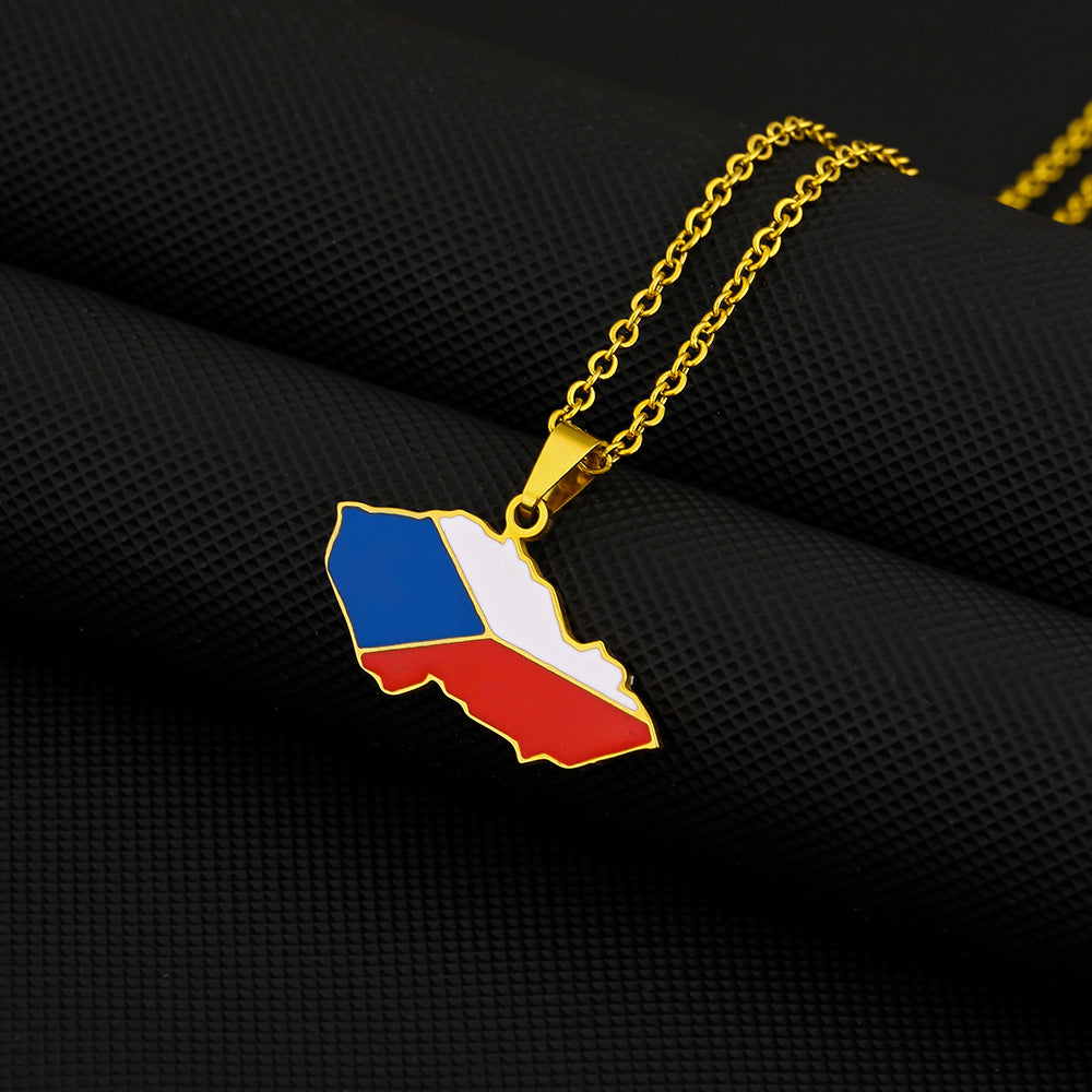 Collana con Ciondolo Vintage Smaltato con Bandiera della Mappa Ceca in Acciaio al Titanio e Catena a O per Unisex