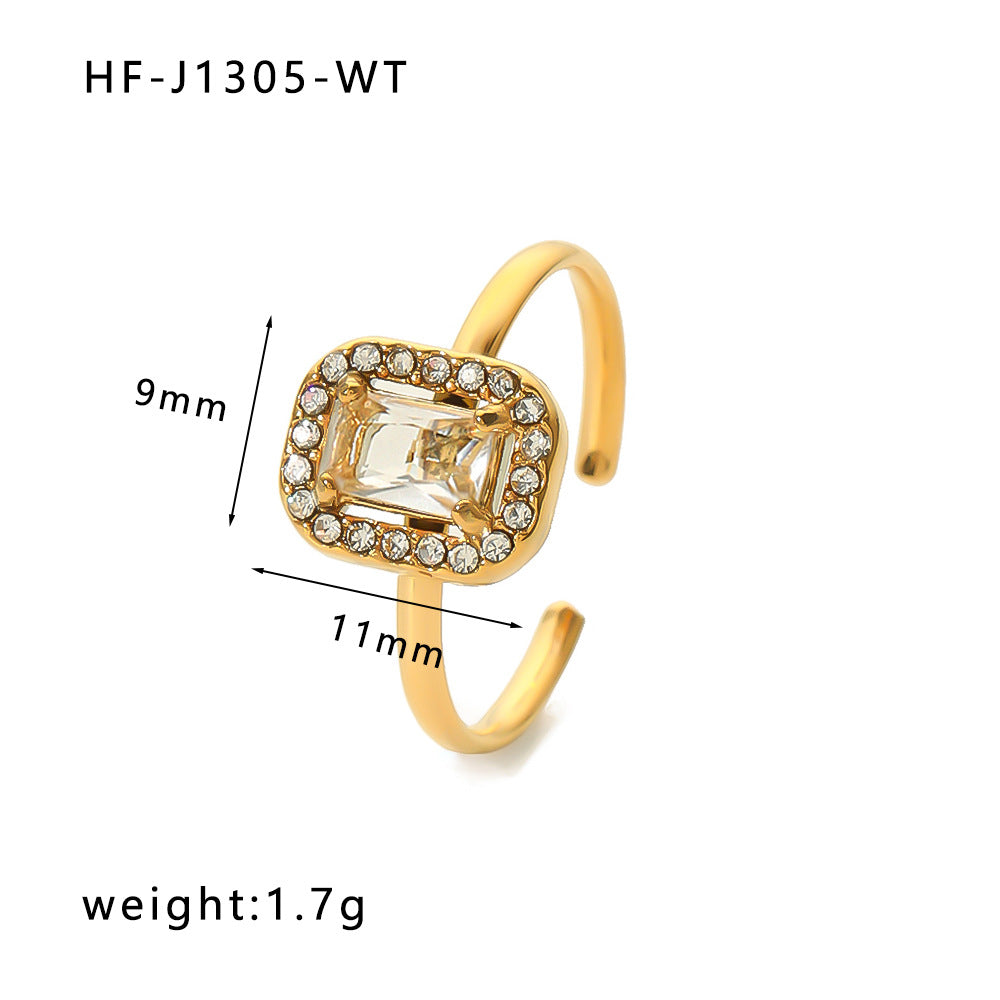 Vintage Stainless Steel Heart-Shaped Geometric Ring with Zircon Inlay and 18K Vacuum Plating for Women
