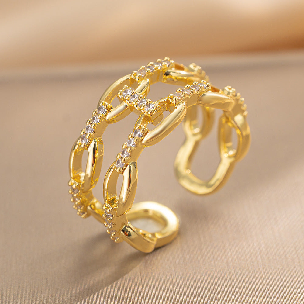 Luxury Minimalist Adjustable Open Ring for Women with Gold-Plated Copper Band and Zircon Stone Accent in Heart and Floral Shape