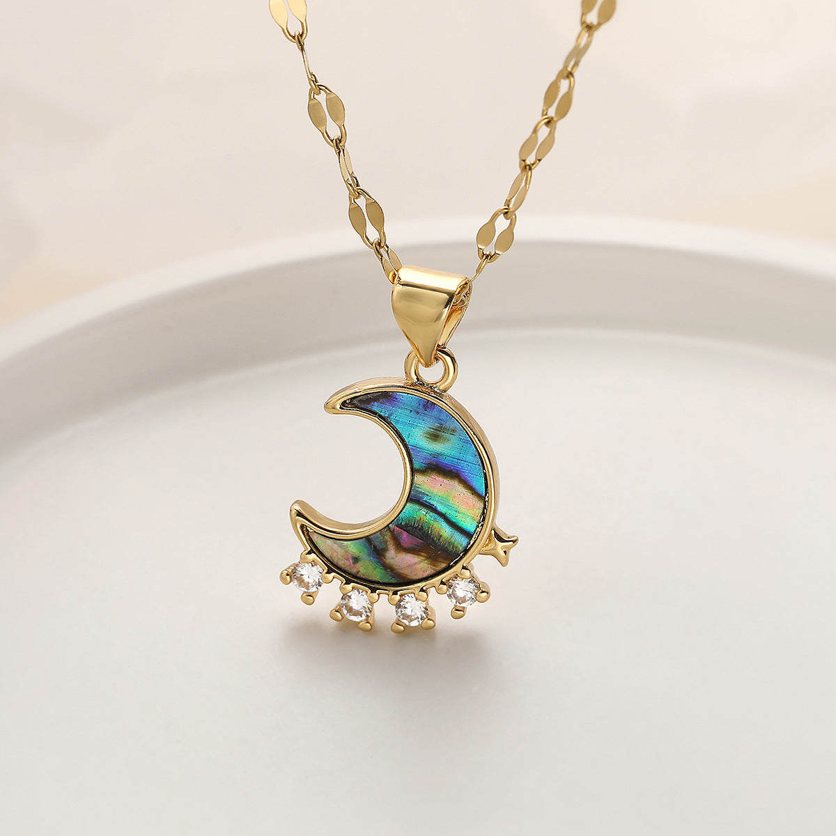Minimalist Luxury 18K Gold Plated Brass Moon Geometric Pendant Necklace with Cubic Zirconia for Women