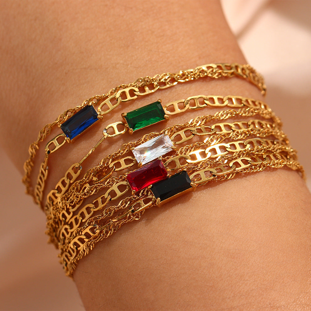 Pulsera de doble capa de lujo minimalista con diseño de nariz de cerdo y olas en acero inoxidable con chapado en oro de 18 quilates y acentos de circonita rectangular