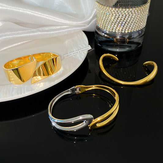 Minimalist Two-Tone Geometric Round Open Cuff Titanium Steel Bracelet