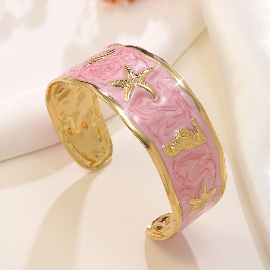 Elegant Drip Oil Stainless Steel Animal Cuff Bracelet with Starfish and Seahorse Design