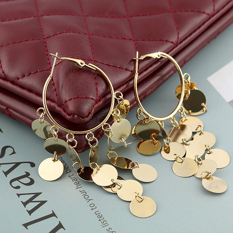 Minimalist Geometric Round Alloy Plated Tassel Earrings with Sequins