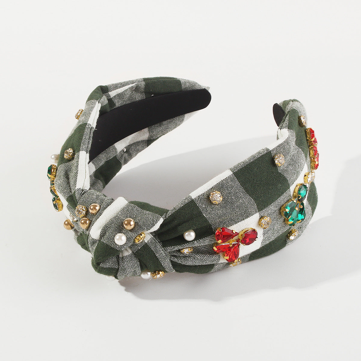 Diadema para mujer dulce y atrevida con diseño de cuadros y pedrería, base de tela y adorno.
