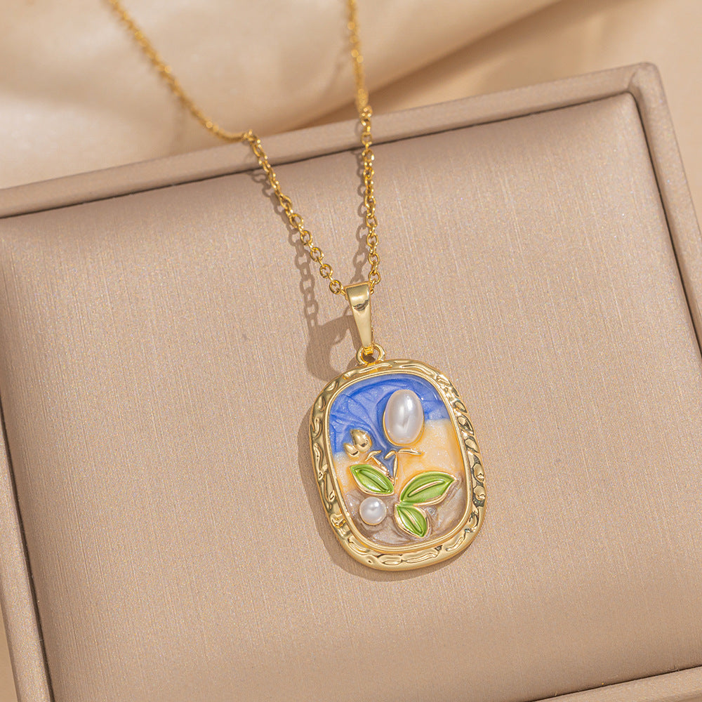 Baroque Style Leaf-Shaped Titanium Steel Necklace with Tulip Floral Motif, Vacuum-Plated for Hypoallergenic Wear, O-Chain Design