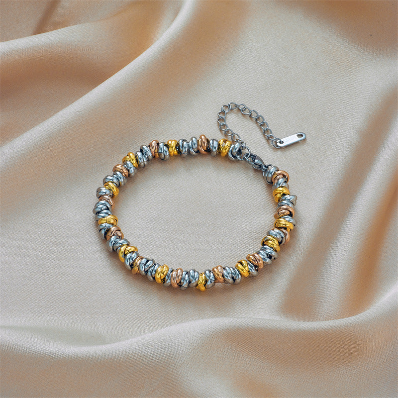Pulsera Trenzada de Cuentas de Acero de Titanio Minimalista a la Moda con Eslabones Circulares y Acabado Chapado