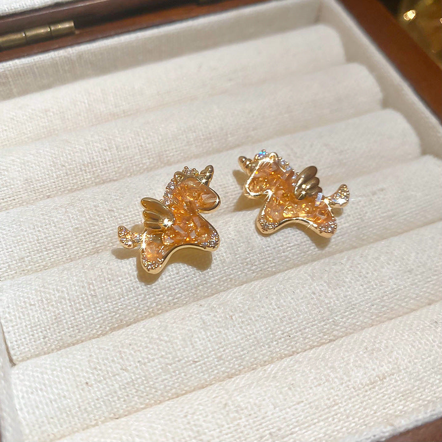Orecchini a perno di lusso a forma di cavallo in Argento 925 Placcato Oro 18K con Zirconia Cubica e Cristallo