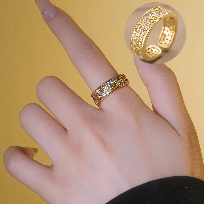 Minimalist Letter Shape Gold Plated Copper Ring with Rhinestone Inlay for Couples