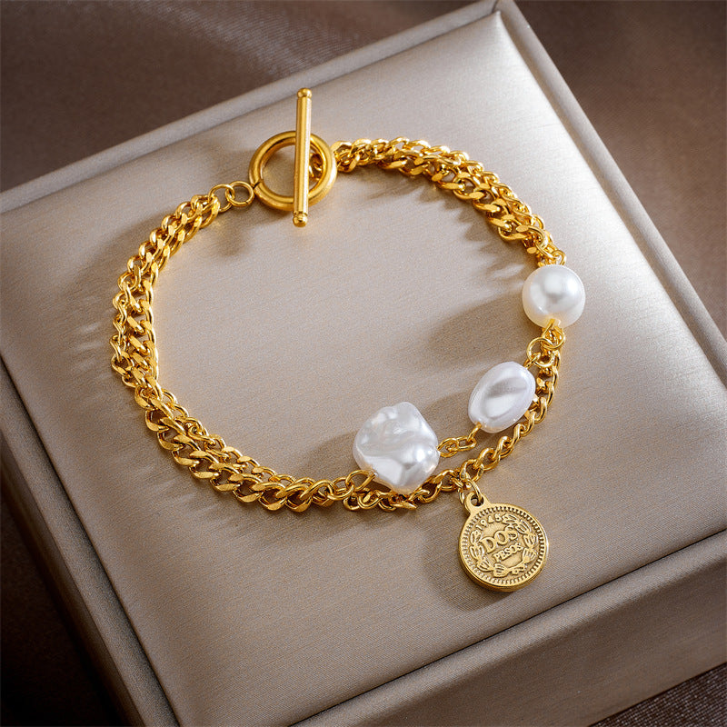 Minimalist Vintage-Inspired Double-Layer Bracelet with Stainless Steel Chain, Pearl Round Pendants, Star and Butterfly Charms