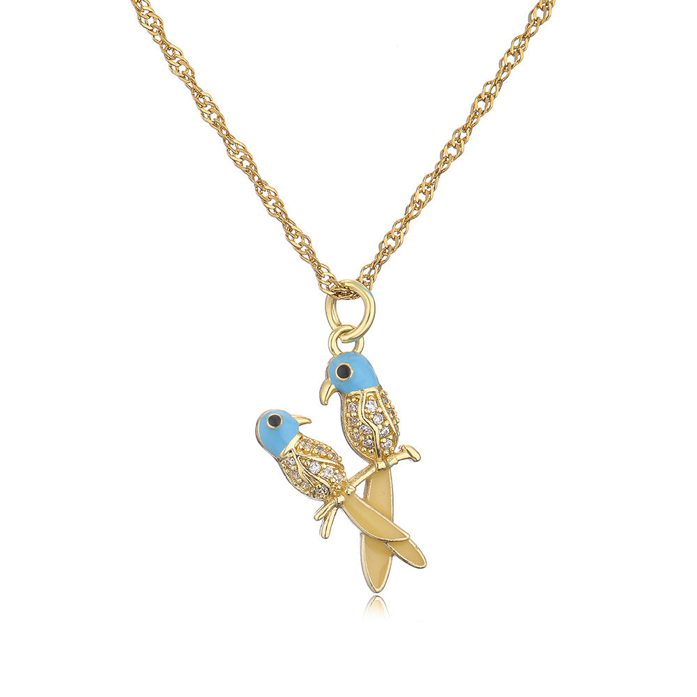 Vintage 18K Gold Plated Enamel Zircon Love Bird Geometric Pendant Necklace for Women