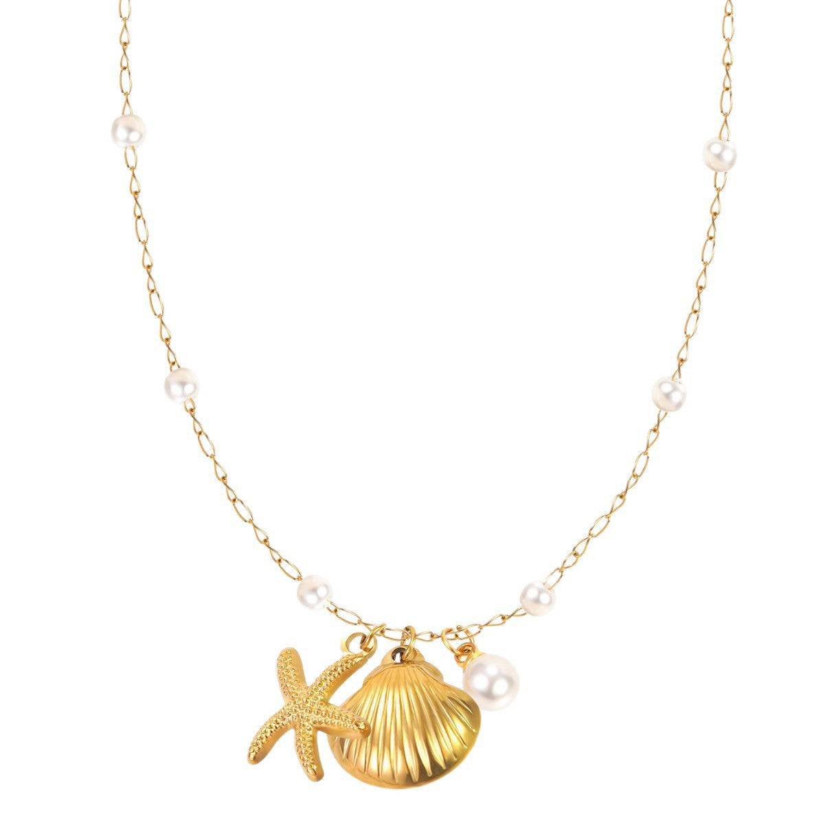 Set collana dolce in acciaio inossidabile con stella marina, conchiglia e perle, catena a cavo placcata, gioielli da donna