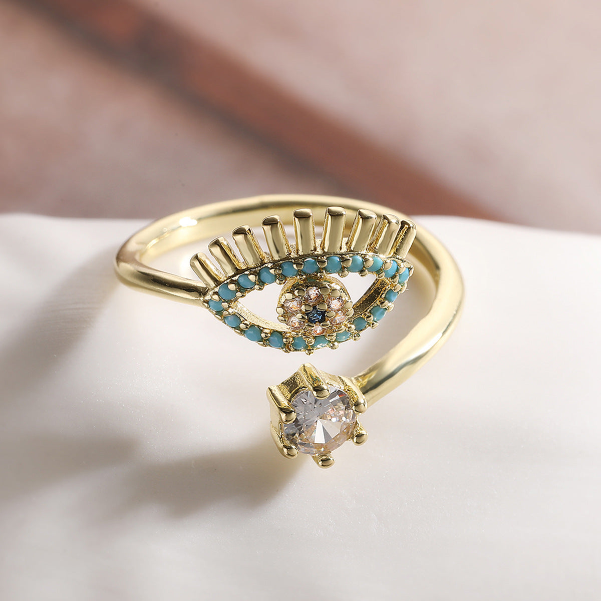 Minimalist 18K Gold Plated Brass Geometric Micro-inlay Cubic Zirconia Evil Eye Ring for Women