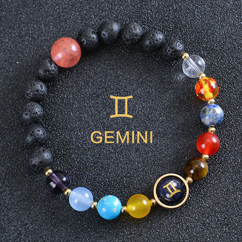 Unisex Zodiac Blue Sandstone Volcanic Stone Crystal Beaded Bracelet