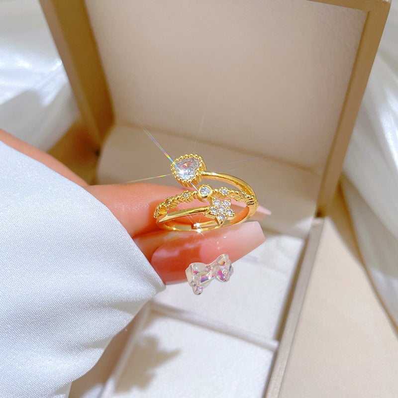 Kawaii Fresh and Sweet Plated Brass Heart Star Ring Adjustable Minimalist Jewelry for Women