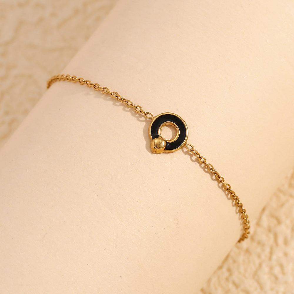 Fashionable Minimalist Geometric Stainless Steel Plated 18K Gold Black Enamel Round Symbol Bracelet for Women
