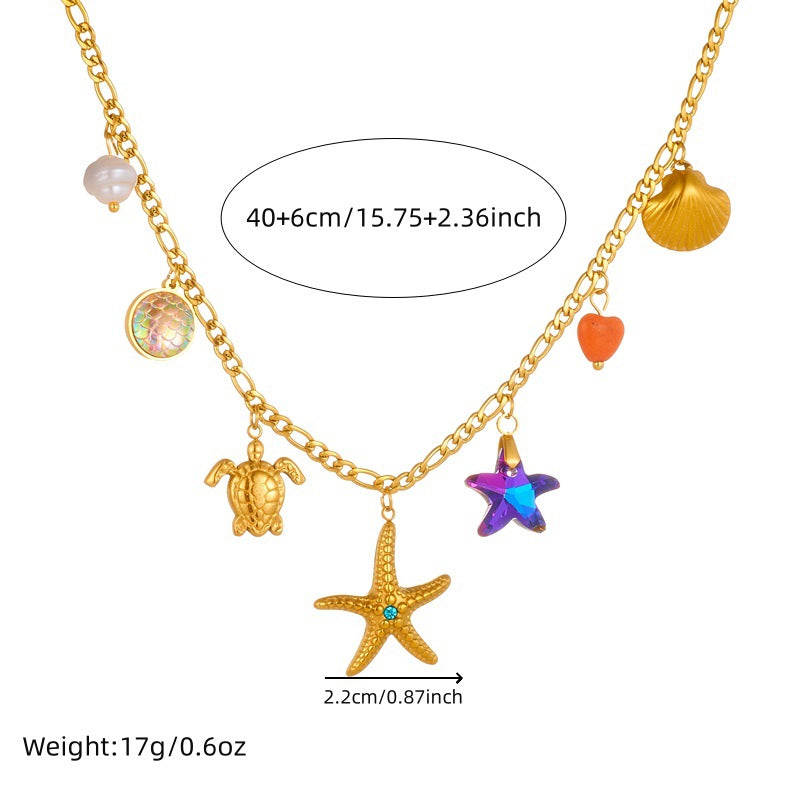 Elegant Colorful Fish Scale Star Animal Rhinestone Inlay Stainless Steel Pendant Necklace with Turtle and Shell Charms