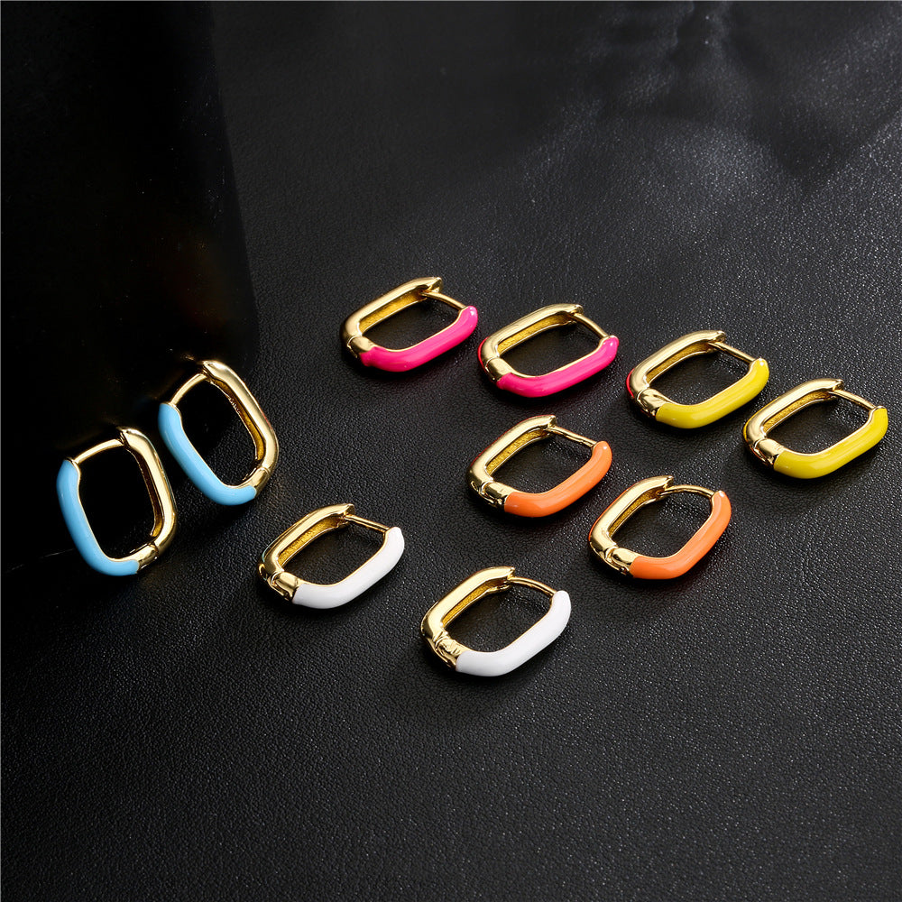Fashion Colorful Drip Oil Square Geometric Brass 18K Gold Plated Earrings