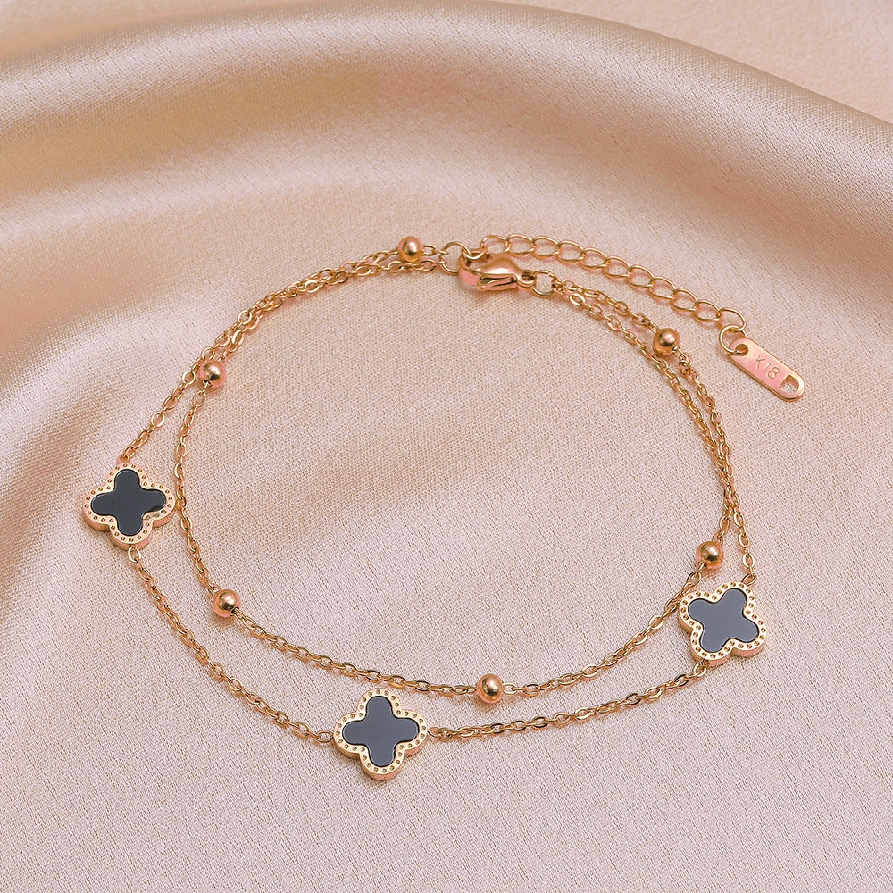 Minimalist Double Layer Four Leaf Clover Bracelet 18K Gold Plated Titanium Steel Women Jewelry