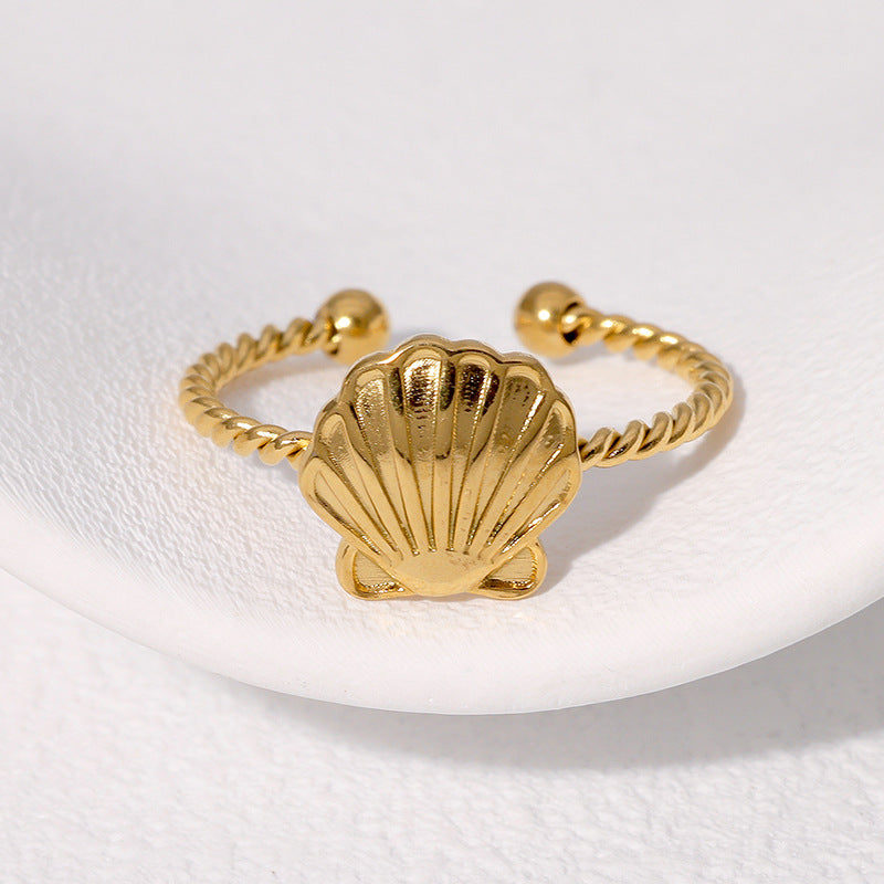 Anello da donna in acciaio inossidabile a forma di conchiglia placcato oro 18 carati, con fascia aperta regolabile