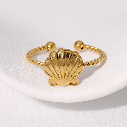 Anello da donna in acciaio inossidabile a forma di conchiglia placcato oro 18 carati, con fascia aperta regolabile