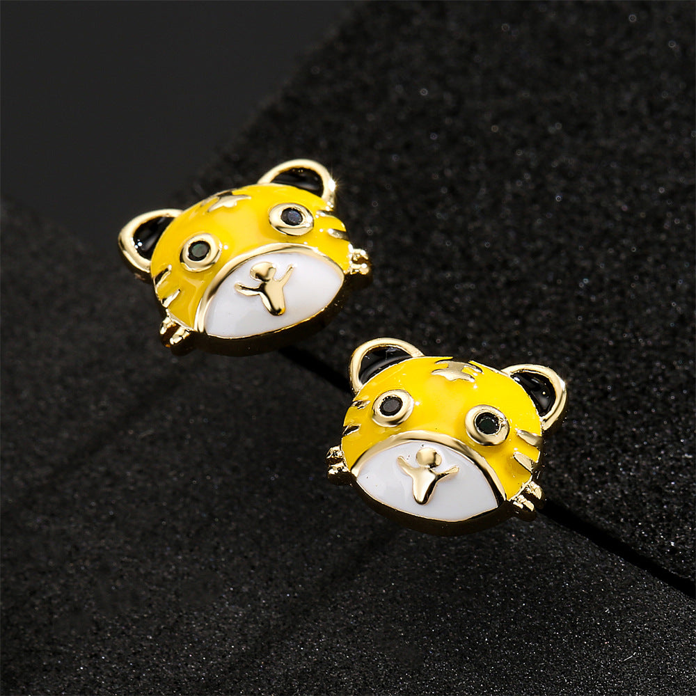 Enamel Tiger-Shaped Earrings in Copper with 18K Gold Plating for Year of the Tiger